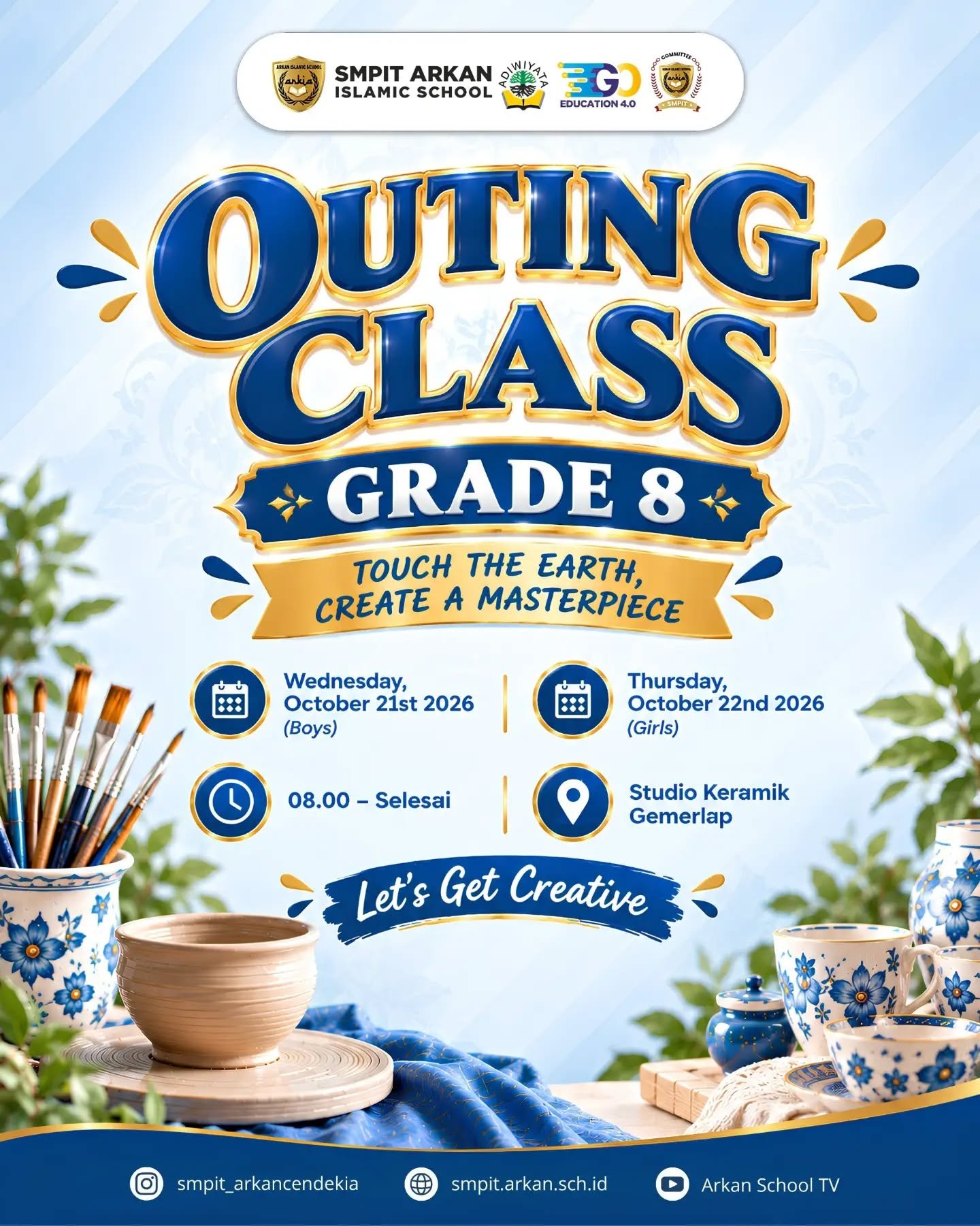 Outing Class Grade 8, waktunya seru-seruan sambil berkarya!

Kali ini kita bakal nyobain pengalaman baru lewat kegiatan Oiling Class di Studio Keramik Gemerlap. Saatnya main tanah liat, berkreasi, dan bikin karya versi kita sendiri! 💙✨

#SMPITArkanCendekia #ArkanCendekiaJourney #ArkanCendekiaVibes #WelcomeToArkan #ArkanCendekiaProud